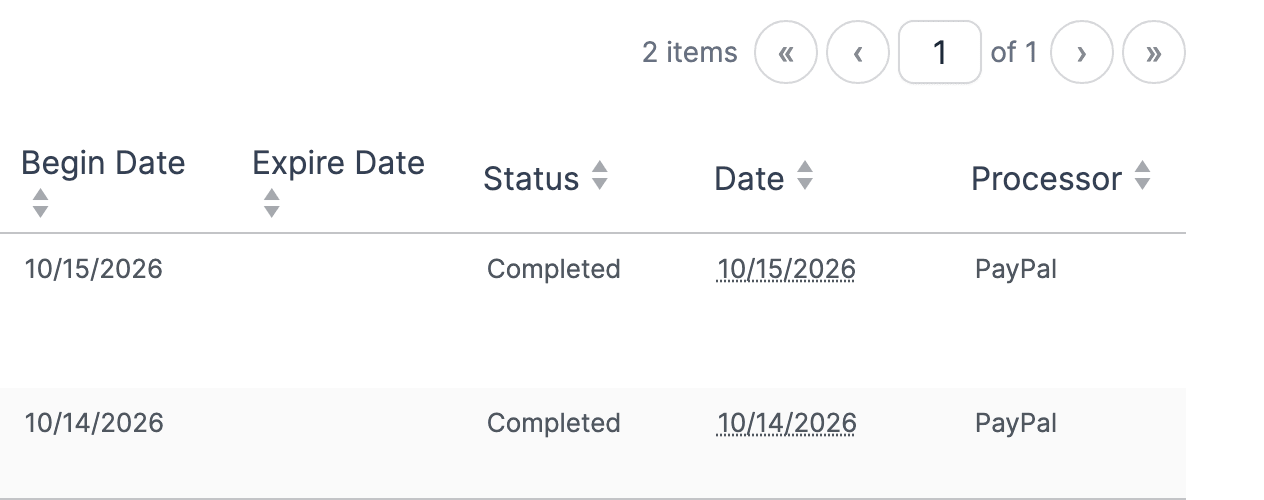 The same payments in the Begin Date, Expire Date, Status, Date and Processor columns