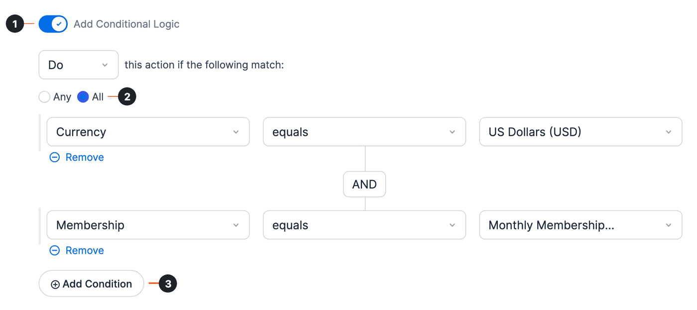 Conditional logic turned on (1), All selected (2) and two conditions joined by AND: Currency equals US Dollars (USD) and Membership equals Monthly Membership (Recurring), with Add Condition (3) Conditional logic turned on (1), All selected (2) and two conditions joined by AND: Currency equals US Dollars (USD) and Membership equals Monthly Membership (Recurring), with Add Condition (3)