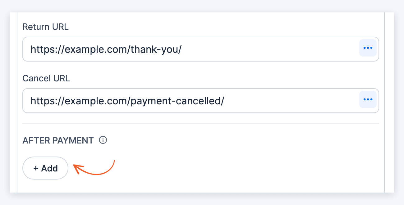 After Payment section of the PayPal (Legacy) action, below the Return URL and Cancel URL boxes, with an arrow on + Add
