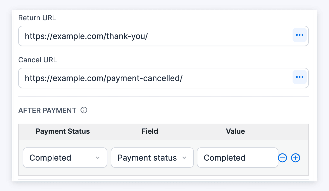 After Payment row with Completed, the Payment status field and the value Completed After Payment row with Completed, the Payment status field and the value Completed