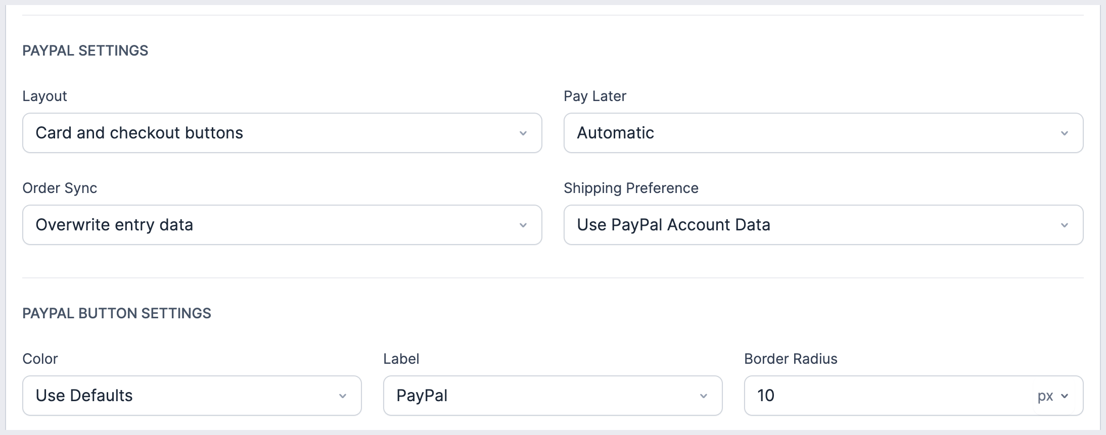 PayPal Commerce Settings button and layout