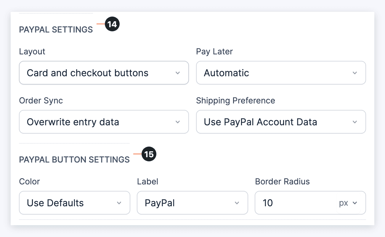 PayPal Settings and PayPal Button Settings sections marked 14 and 15 PayPal Settings and PayPal Button Settings sections marked 14 and 15