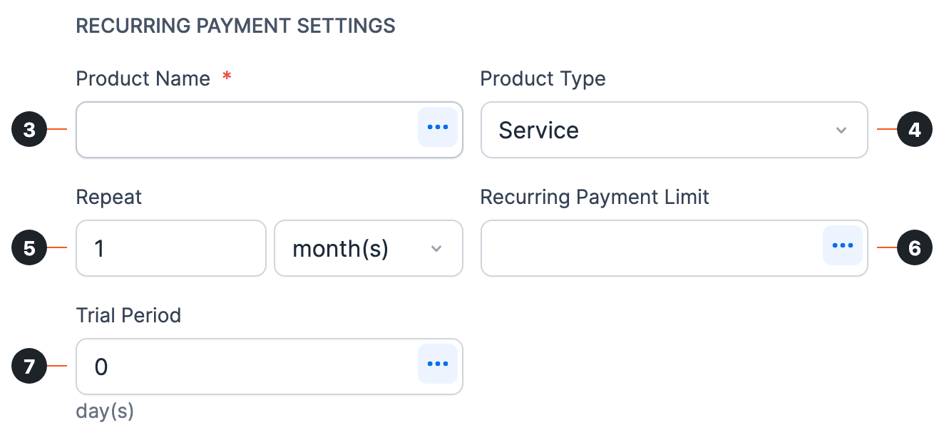Recurring Payment Settings with numbered circles 3 to 7 on Product Name, Product Type, Repeat, Recurring Payment Limit and Trial Period Recurring Payment Settings with numbered circles 3 to 7 on Product Name, Product Type, Repeat, Recurring Payment Limit and Trial Period