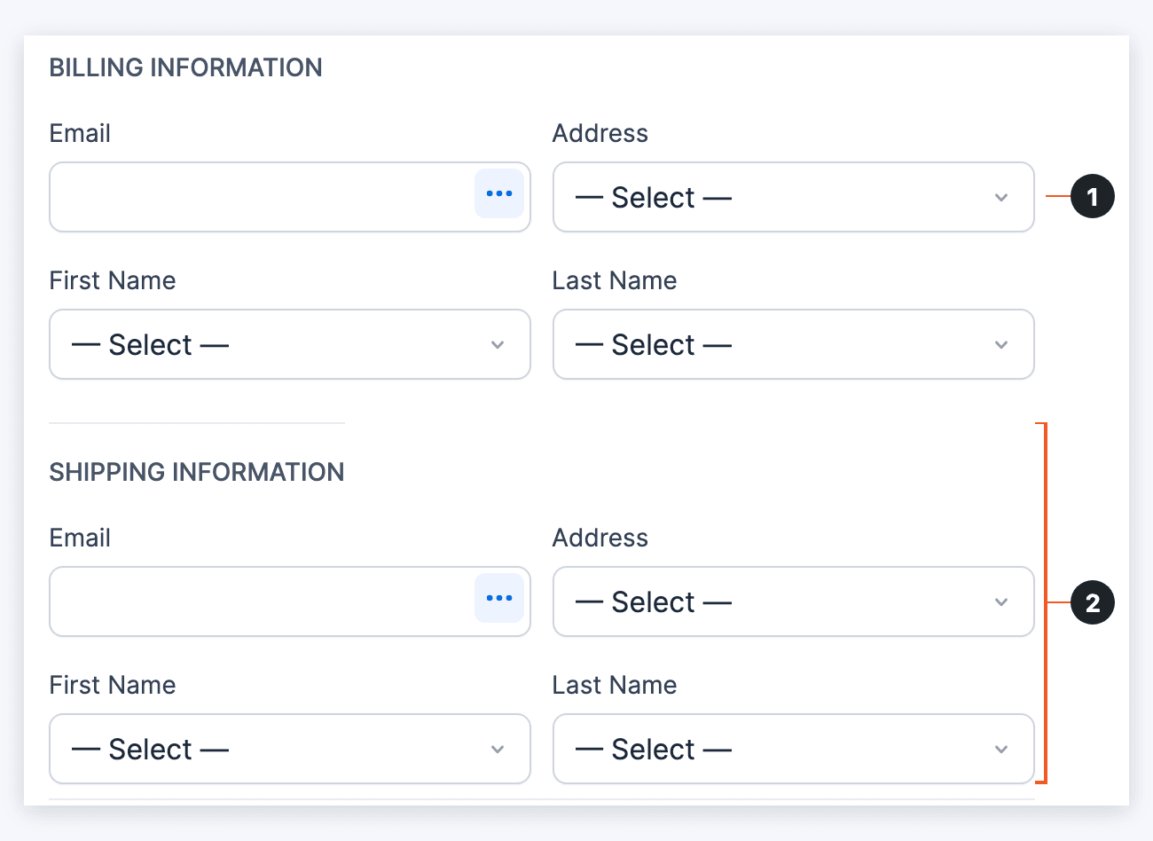 Billing Information with the Address dropdown marked 1 and the Shipping Information section marked 2 Billing Information with the Address dropdown marked 1 and the Shipping Information section marked 2