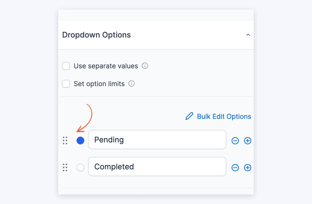 Payment status dropdown options with Pending selected as the default value