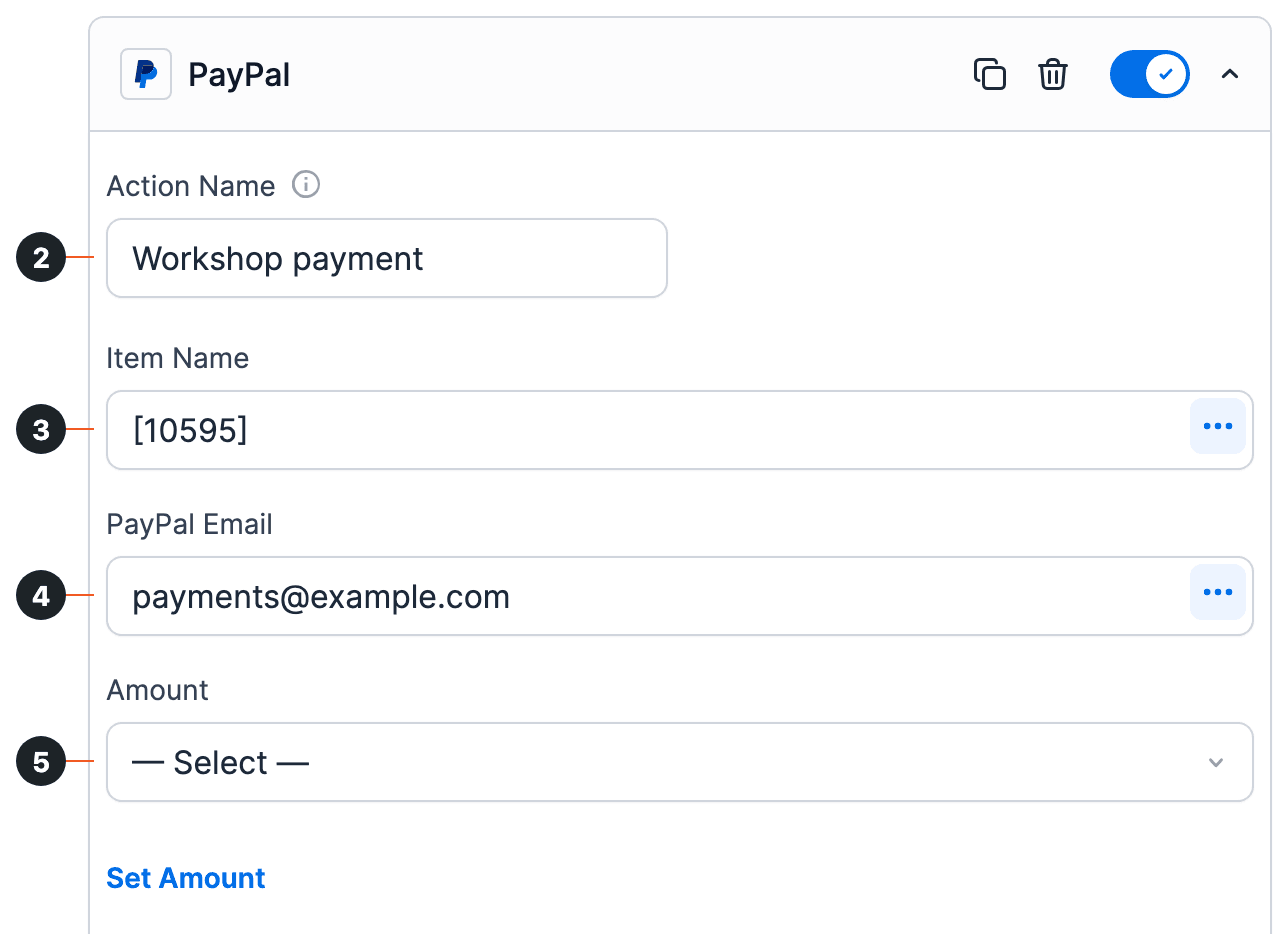 PayPal (Legacy) action with numbered circles 2 to 5 on Action Name, Item Name, PayPal Email and Amount