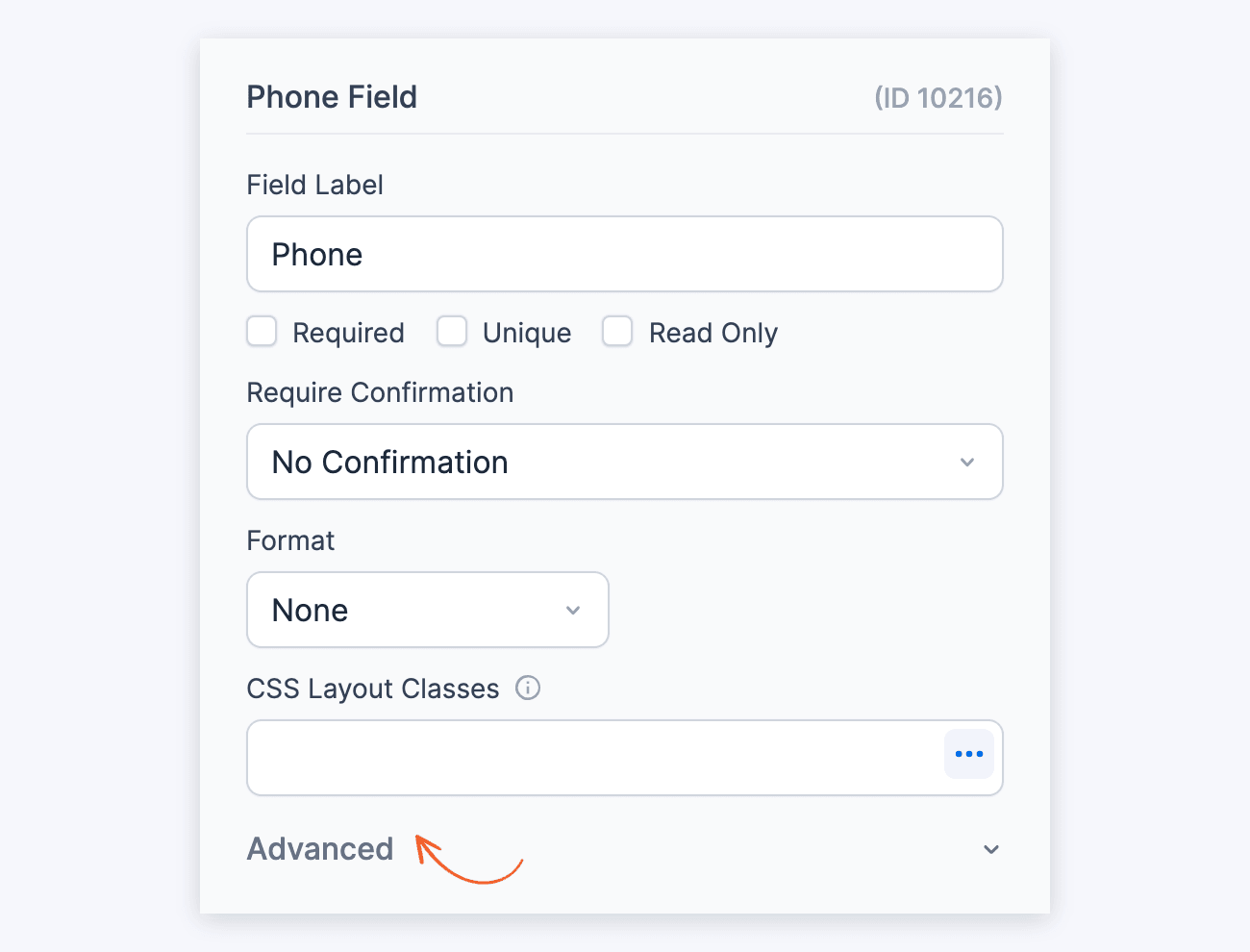 Phone Number Field Options - Advanced section collapsed