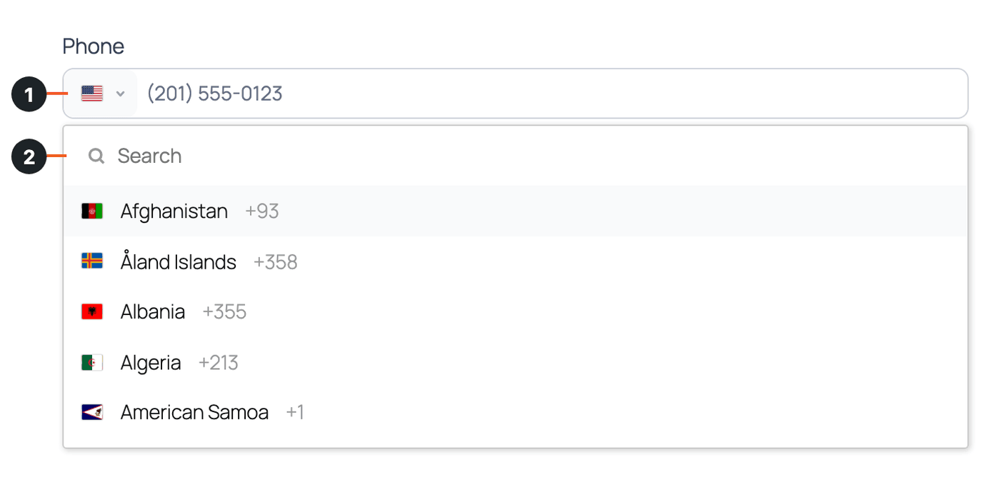 Phone Number field on a published form with the country flag dropdown (1) and the Search box (2) in the open country list Phone Number field on a published form with the country flag dropdown (1) and the Search box (2) in the open country list