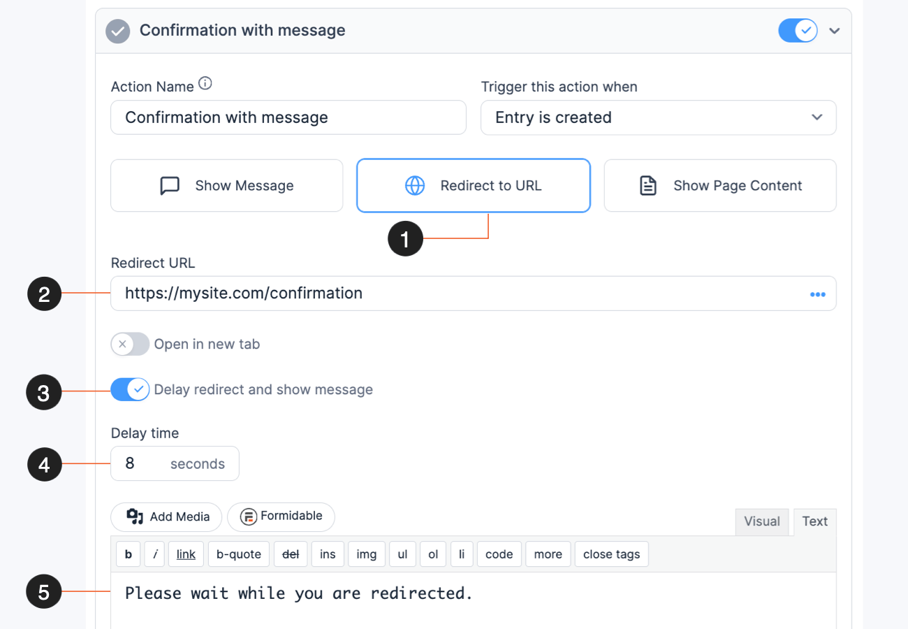 The delayed redirect settings in Formidable Forms