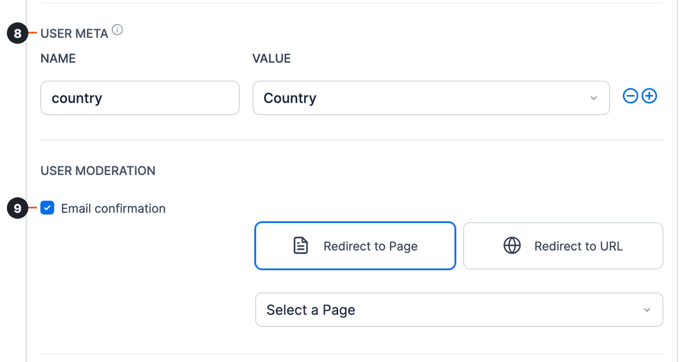 Register User action with numbered steps: 8 User Meta, 9 Email confirmation Register User action with numbered steps: 8 User Meta, 9 Email confirmation