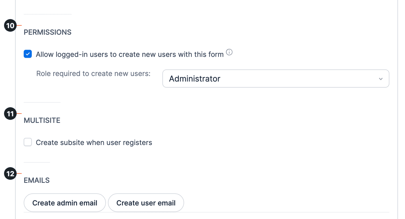 Register User action with numbered steps: 10 Permissions, 12 Emails Register User action with numbered steps: 10 Permissions, 12 Emails