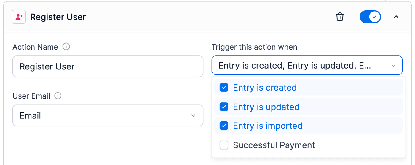 Trigger this action when list with Entry is imported checked Trigger this action when list with Entry is imported checked