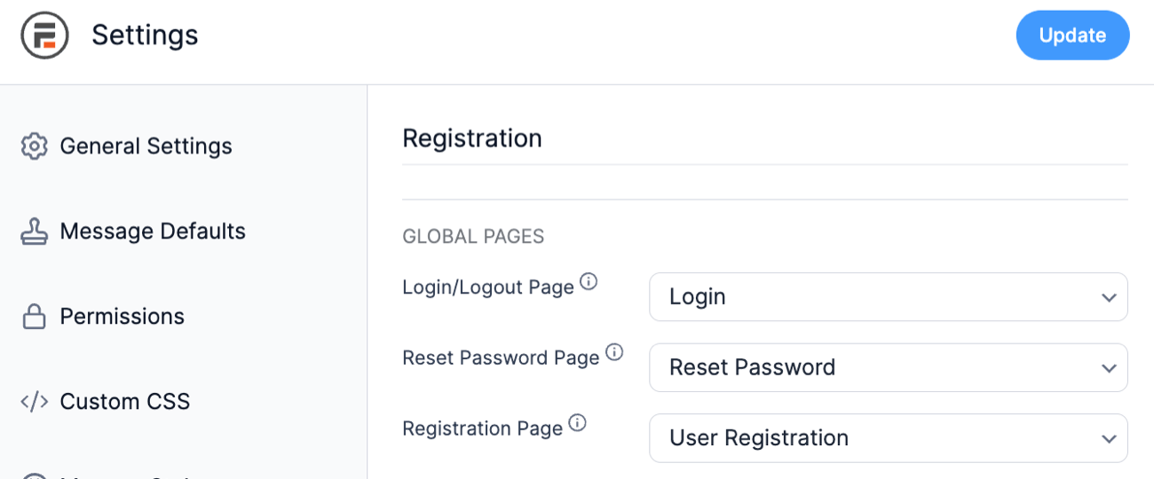 The Login/Logout, Reset Password, and Registration Page settings in Formidable Forms