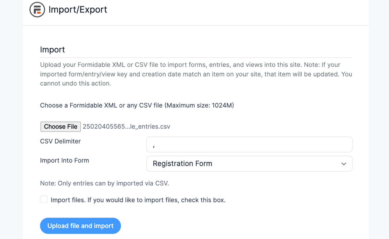 Register Import into form Register Import into form