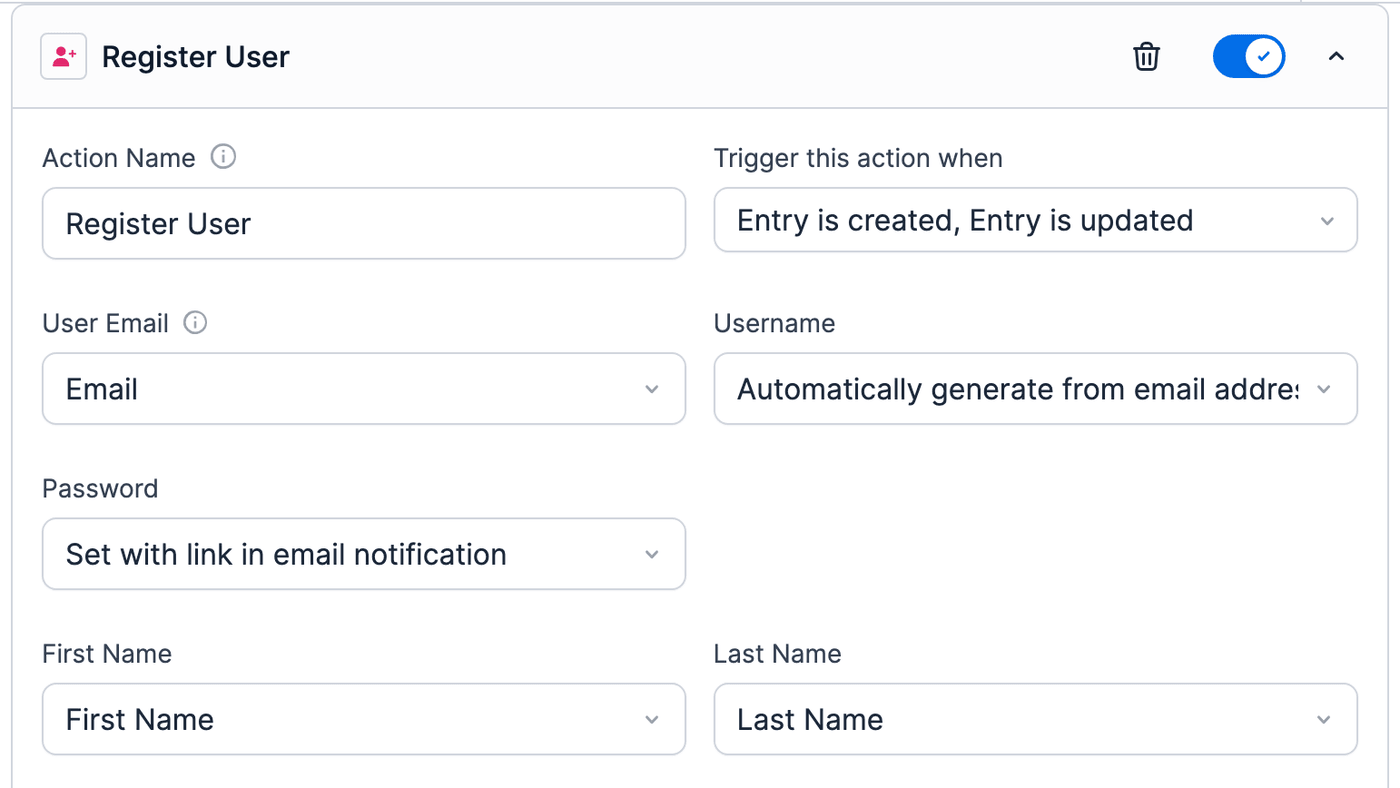 Register User action of an edit-profile form - Email, First Name and Last Name mapped, Password at Set with link in email notification Register User action of an edit-profile form - Email, First Name and Last Name mapped, Password at Set with link in email notification