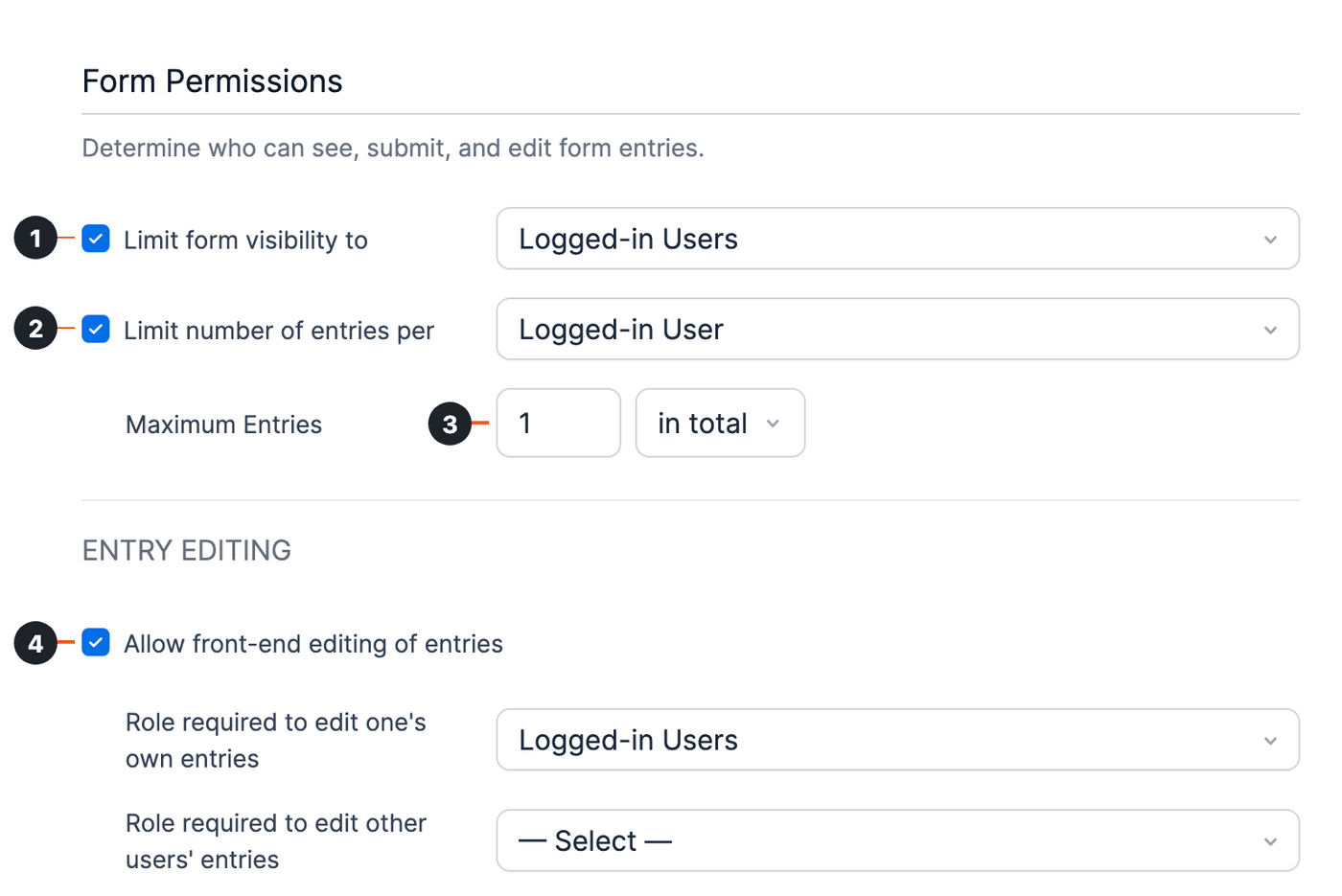 Register Permissions All - logged-in users only, one entry each, front-end editing Register Permissions All - logged-in users only, one entry each, front-end editing