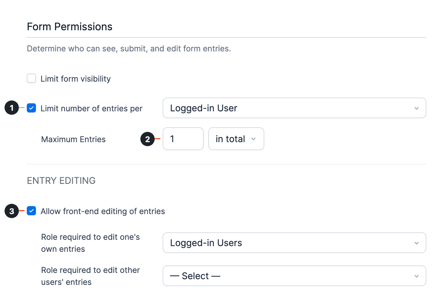 Register Permissions - limit entries per logged-in user and allow front-end editing Register Permissions - limit entries per logged-in user and allow front-end editing