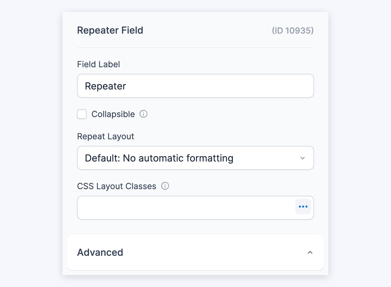 Repeater field options - Field Label to Advanced