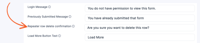 Repeater Delete Row Confirmation Message