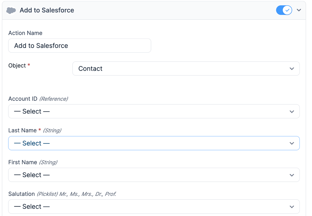 Salesforce form action - Map Contact fields Salesforce form action - Map Contact fields