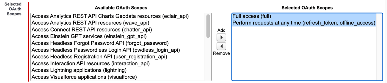 This image displays the OAuth scope selection interface for a Salesforce Connected App. The left panel lists "Available OAuth Scopes," including options such as "Access Analytics REST API resources (wave_api)" and "Access Lightning applications (lightning)." The right panel, labeled "Selected OAuth Scopes," includes "Full access (full)" and "Perform requests at any time (refresh_token, offline_access)." Buttons for adding or removing scopes are positioned between the panels.