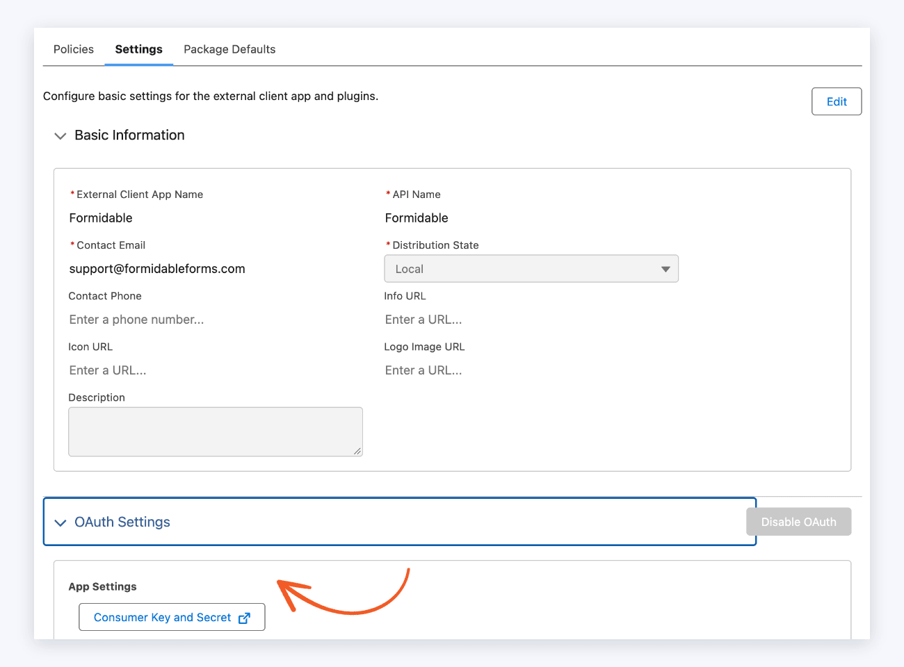 Salesforce External Client App Settings - Consumer Key and Secret