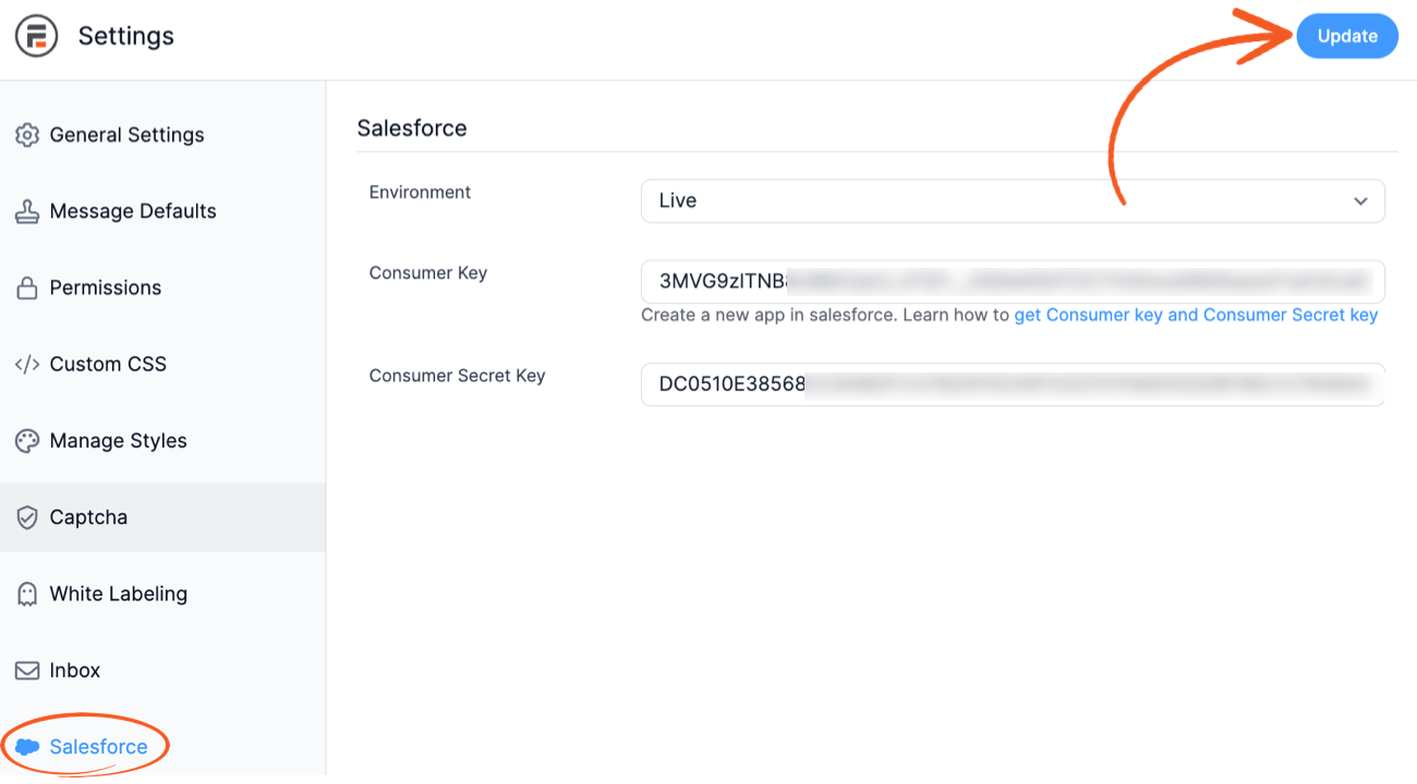 This image shows the "Settings" page for integrating Salesforce within a web application. The left sidebar displays various sections like "General Settings," "Message Defaults," and "Salesforce," which is highlighted. On the right, the Salesforce settings include fields for "Environment" (set to "Live"), "Consumer Key," and "Consumer Secret Key," with partially blurred values. A link is provided for instructions on obtaining these keys, and an "Update" button, highlighted with an orange arrow, is at the top-right.