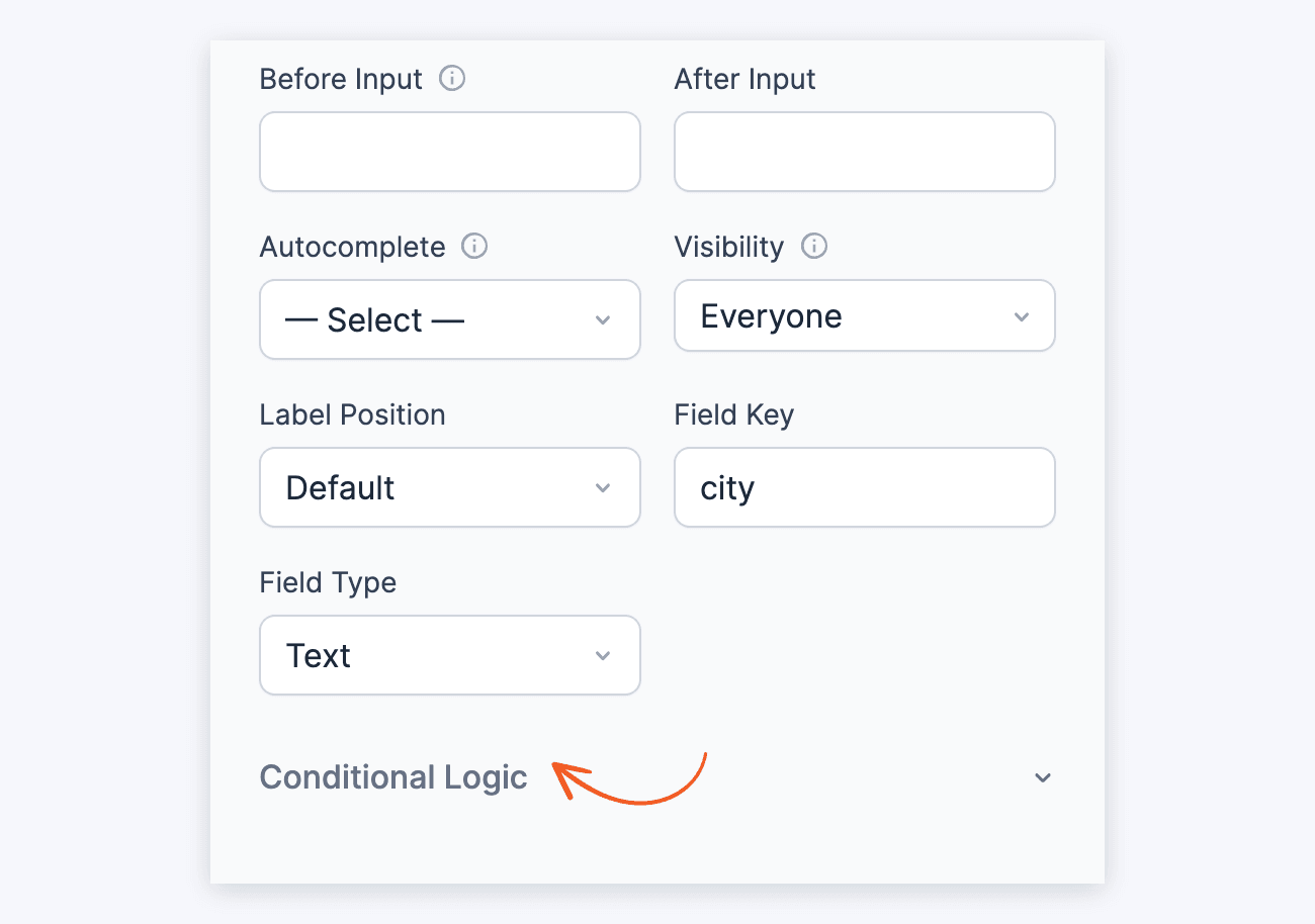 Single Line Text Field Options - Before Input to Field Type, with an arrow on the Conditional Logic heading