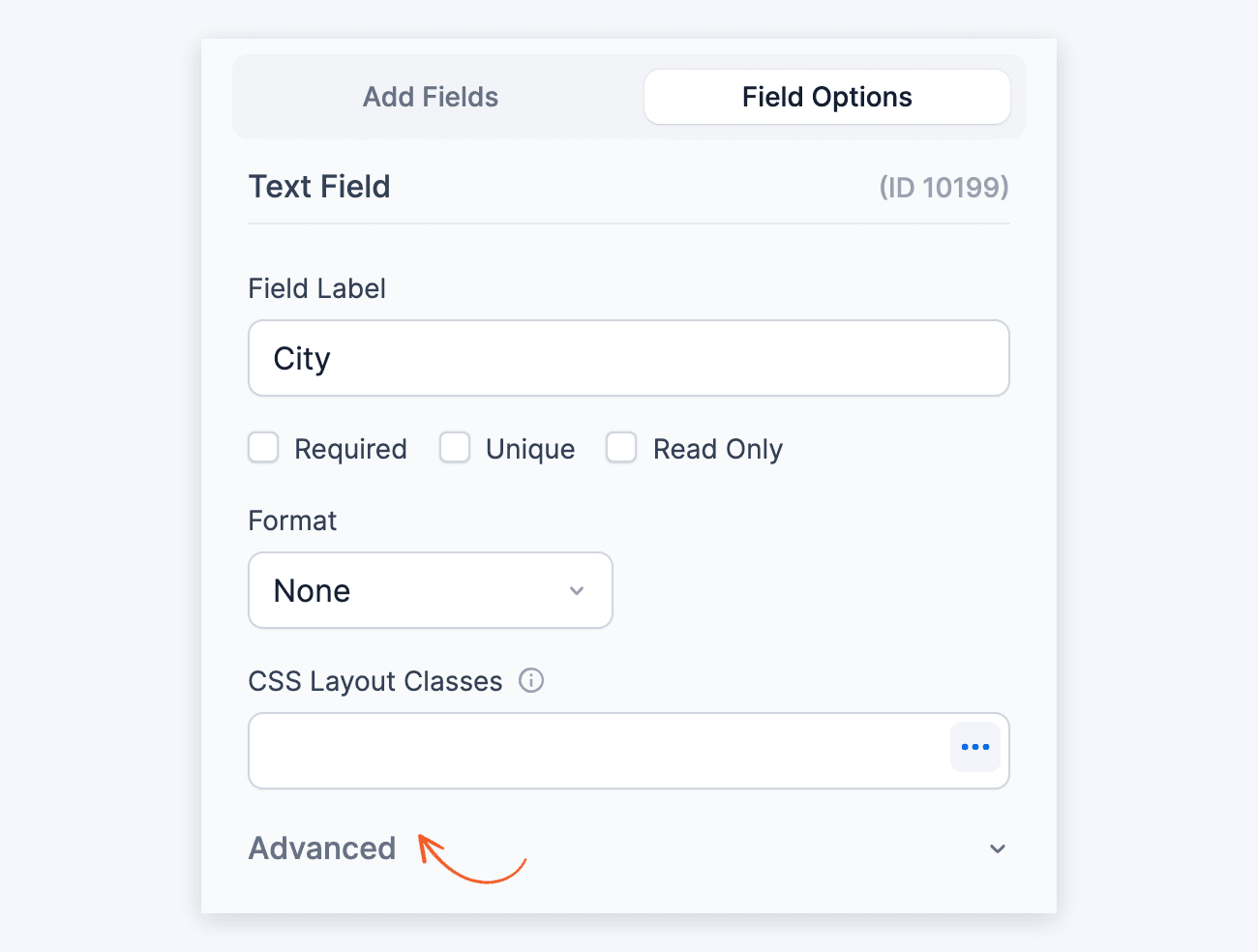 Single Line Text Field Options tab with an arrow on the collapsed Advanced section Single Line Text Field Options tab with an arrow on the collapsed Advanced section