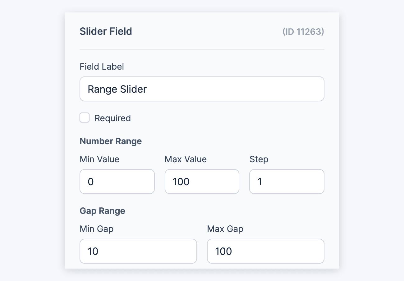 WordPress range Slider Field Options - Field Label, Number Range and Gap Range