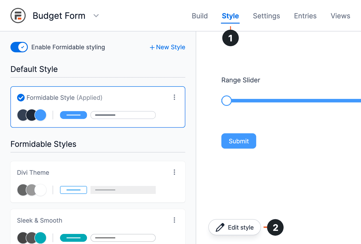 WordPress range Slider Styling - Style tab (1) and Edit style button (2)
