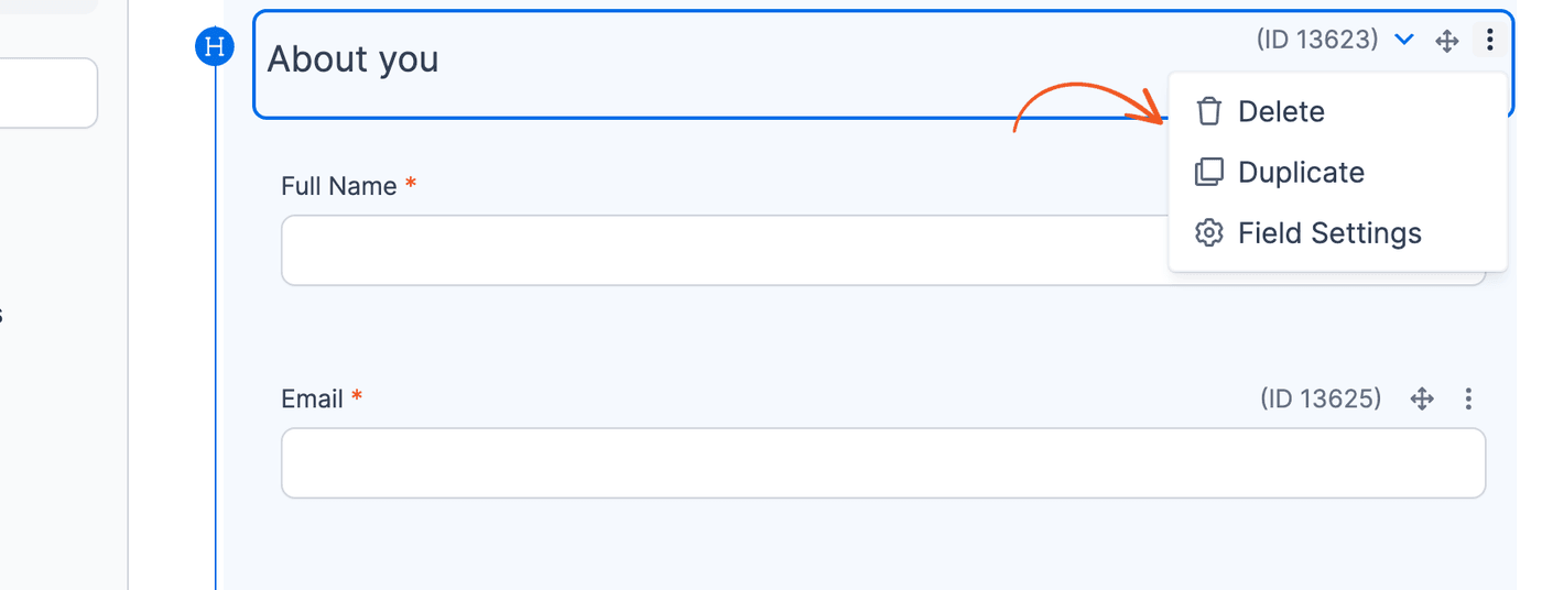 Split a large form - Delete a Section field from the More Options menu