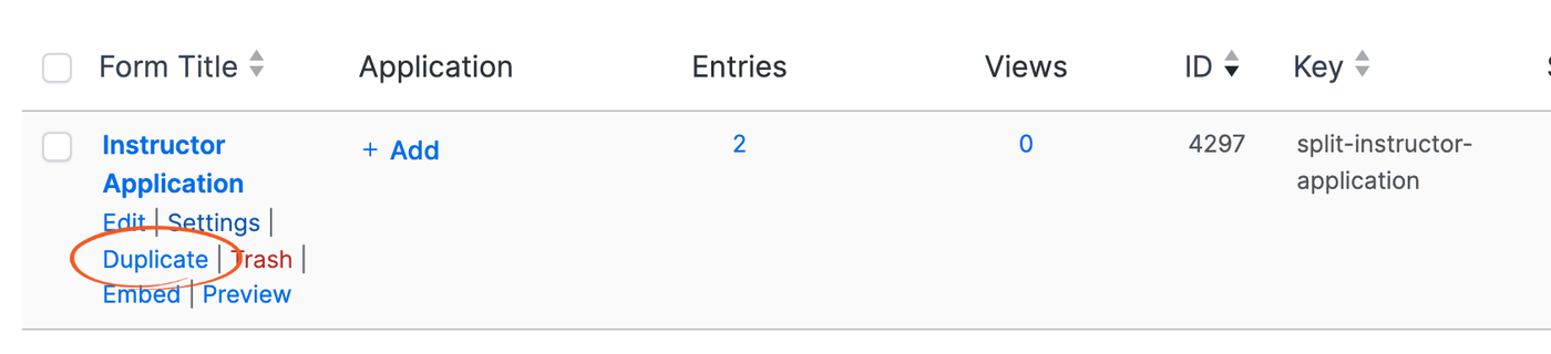 Split a large form - Duplicate link on the Forms page