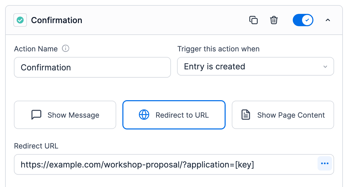 Split a large form - Confirmation action Redirect URL with the entry key