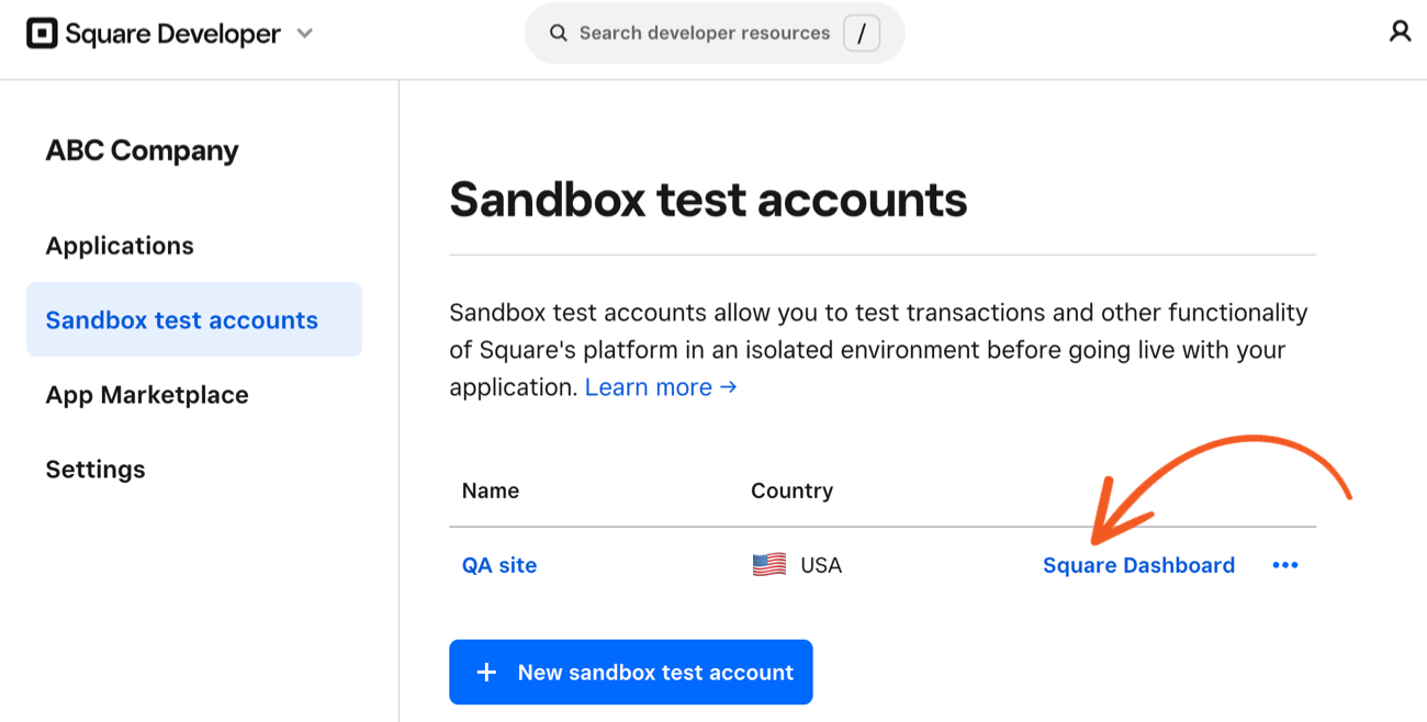 Access Square Dashboard sandbox test account