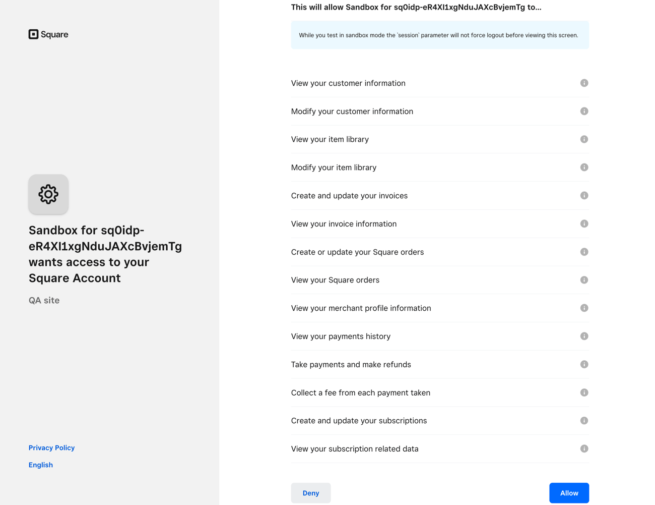 Square Get Connected with Sandbox test account