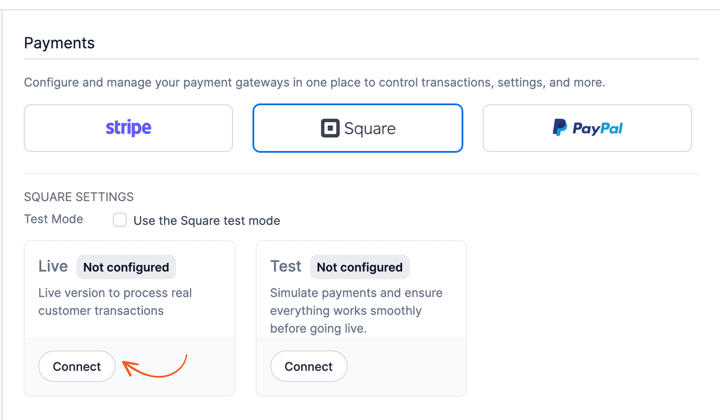 Access Square in Payments Settings Access Square in Payments Settings