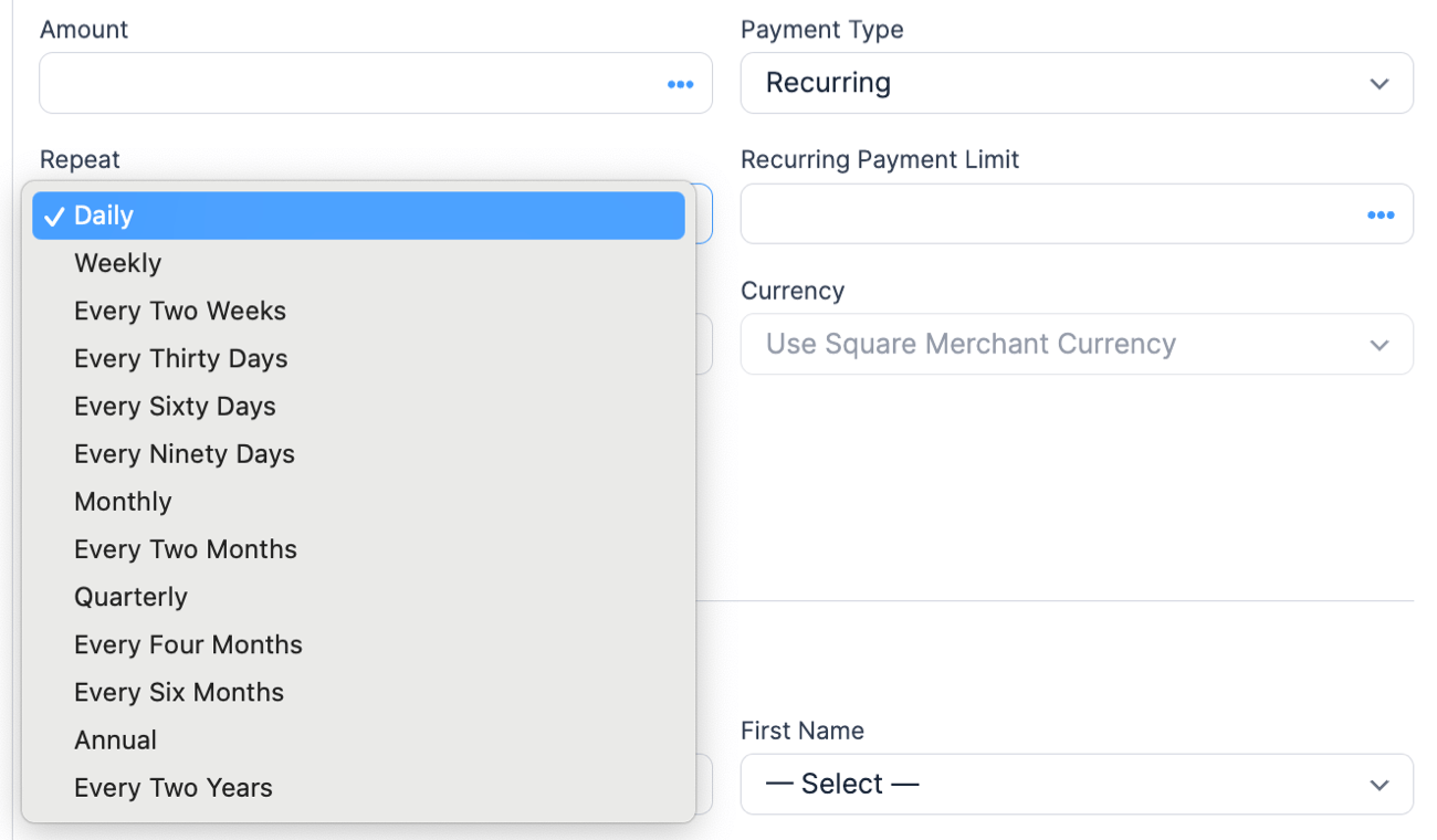 Square Forms Action - Payment Type Recurring