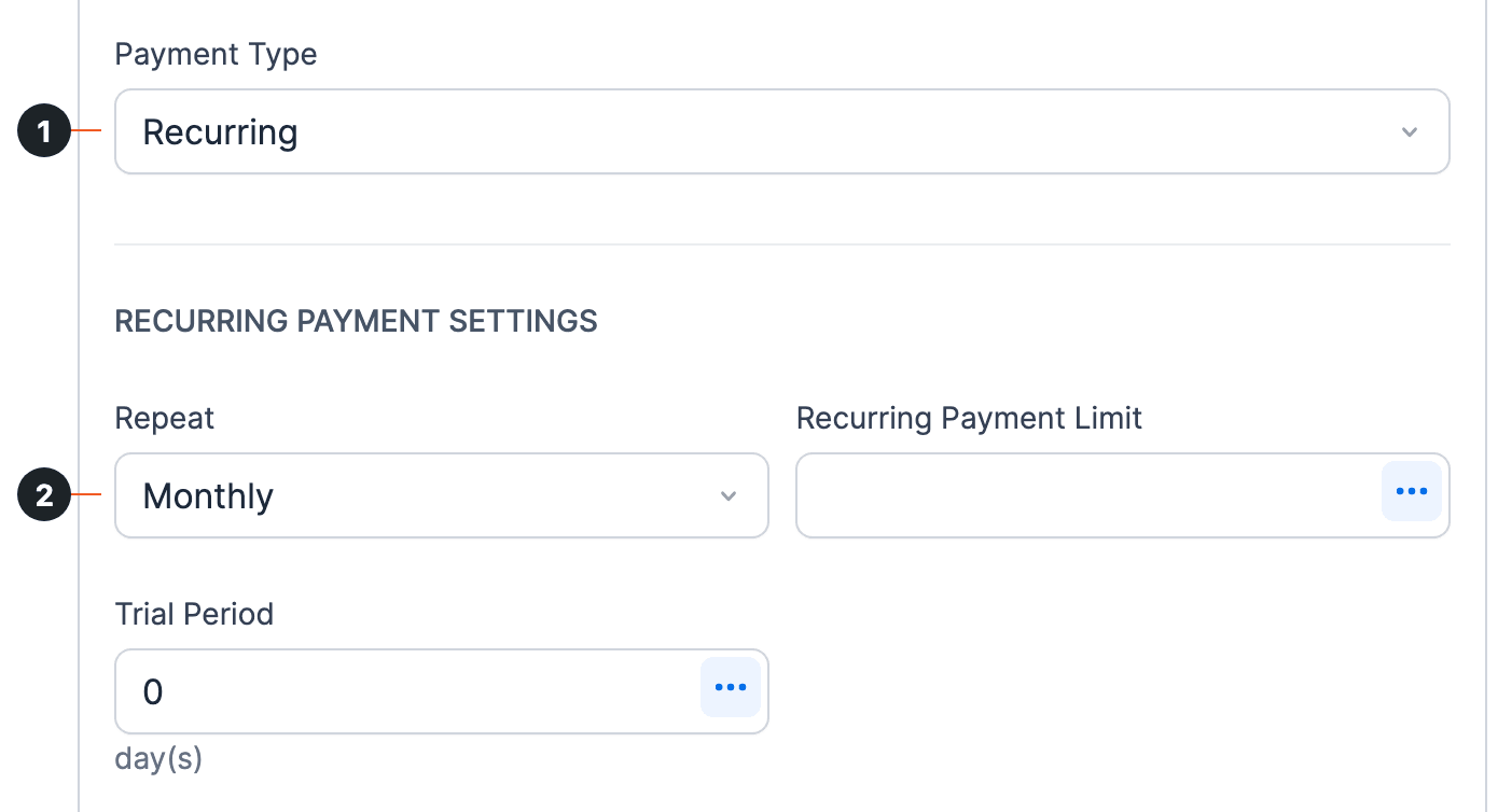 Square action with Payment Type set to Recurring (1) and Repeat set to Monthly (2) in Recurring Payment Settings Square action with Payment Type set to Recurring (1) and Repeat set to Monthly (2) in Recurring Payment Settings