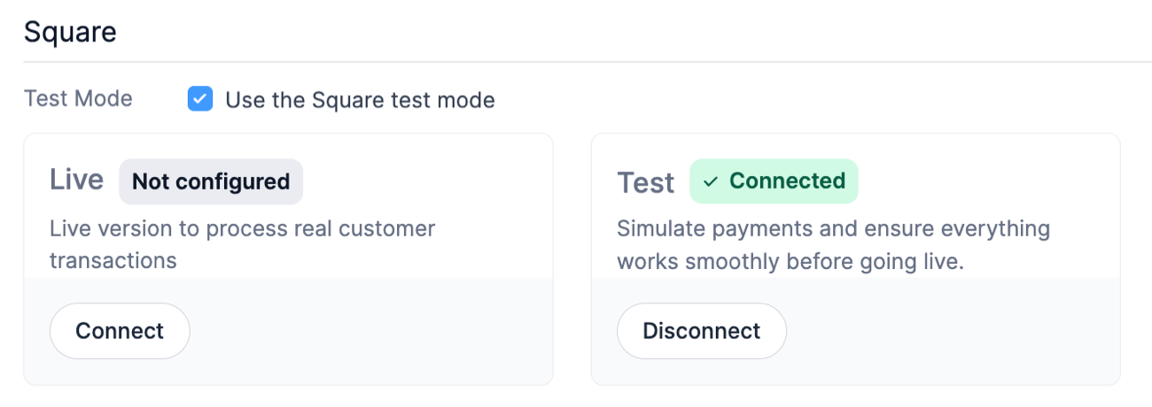 Square Test Connection Status Square Test Connection Status