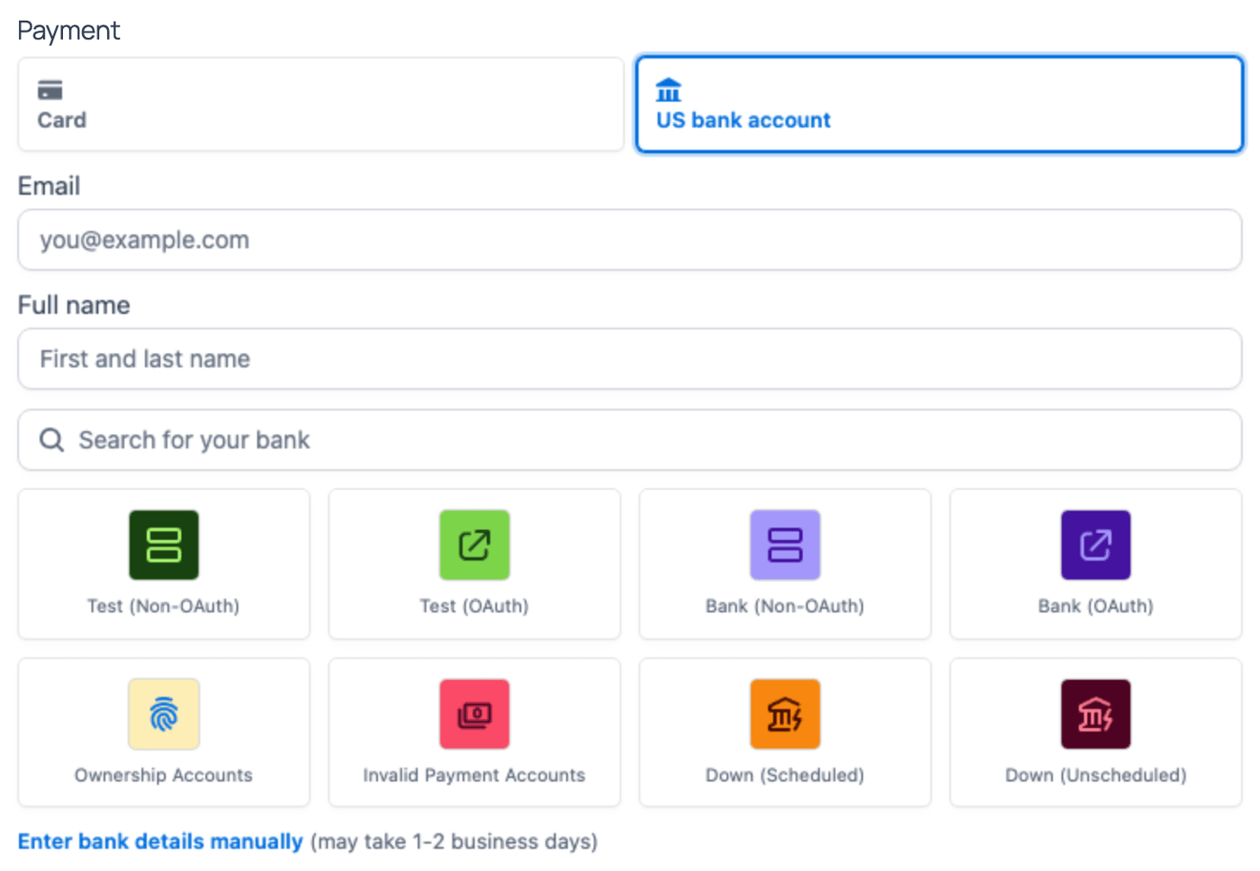 Stripe ACH Direct Debit - US bank account option selected in the form Stripe ACH Direct Debit - US bank account option selected in the form