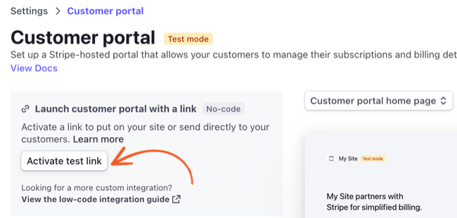 Stripe Activate Customer Portal Link