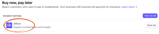 Stripe Affirm Enable payment