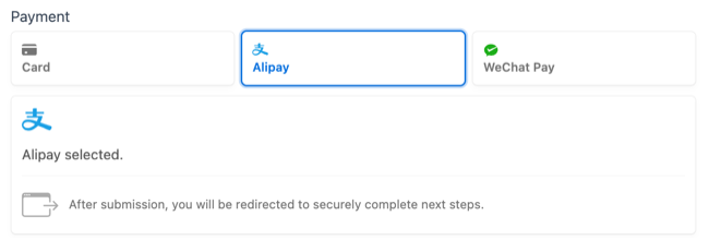 Stripe Alipay - Payment option in the form Stripe Alipay - Payment option in the form