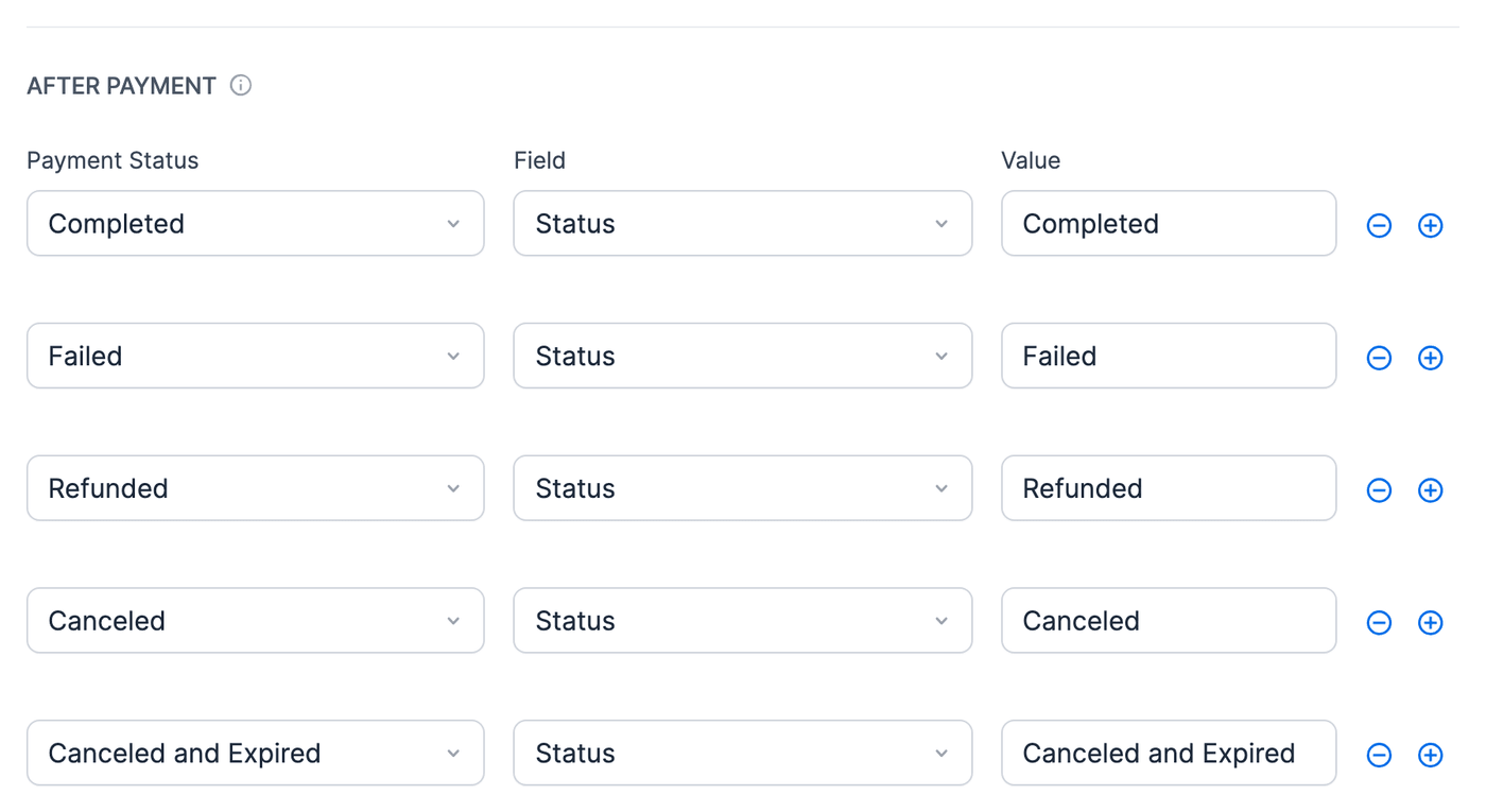 Stripe action After Payment rows for Completed, Failed, Refunded, Canceled, and Canceled and Expired, each saving its status in a field Stripe action After Payment rows for Completed, Failed, Refunded, Canceled, and Canceled and Expired, each saving its status in a field