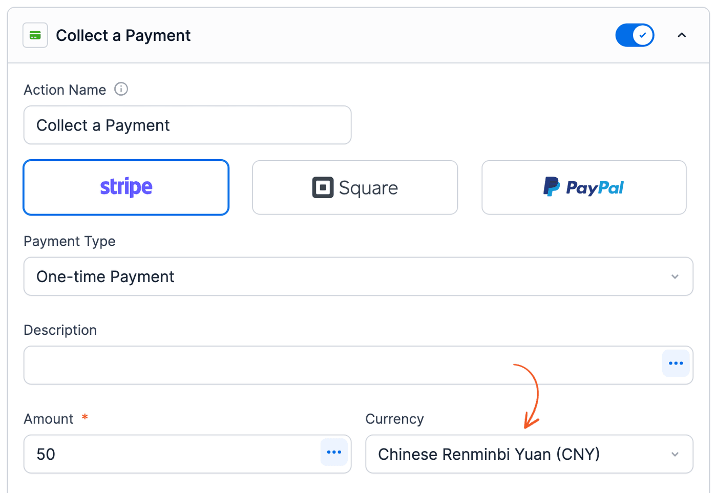 Stripe payment methods - Chinese Renminbi Yuan (CNY) currency in the Collect a Payment action Stripe payment methods - Chinese Renminbi Yuan (CNY) currency in the Collect a Payment action