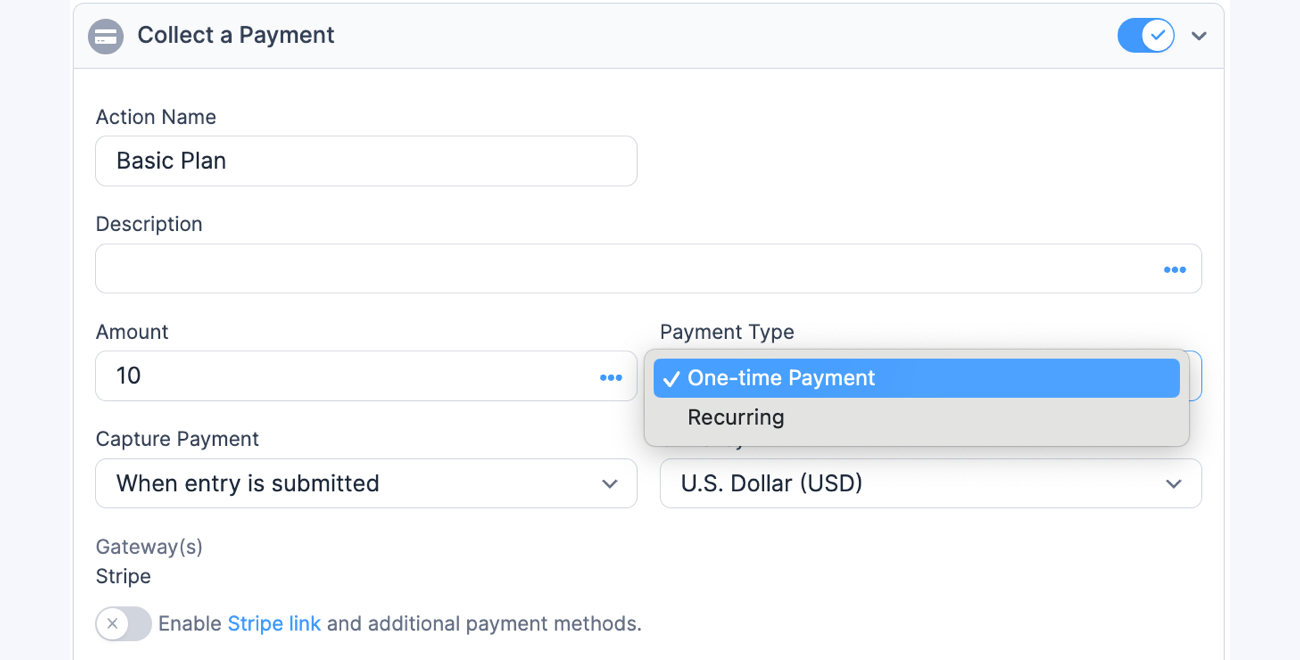 Stripe Conditionally Collect Payment Form Action