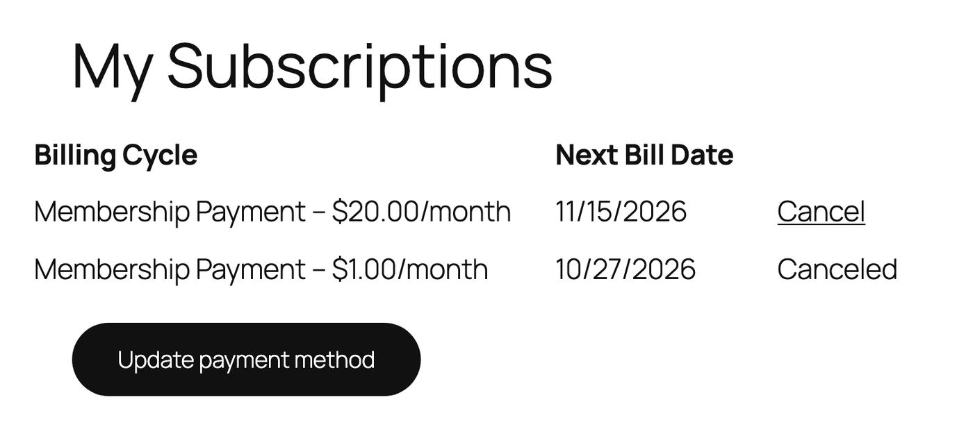 Page showing the logged-in user’s subscriptions and an Update payment method button Page showing the logged-in user’s subscriptions and an Update payment method button