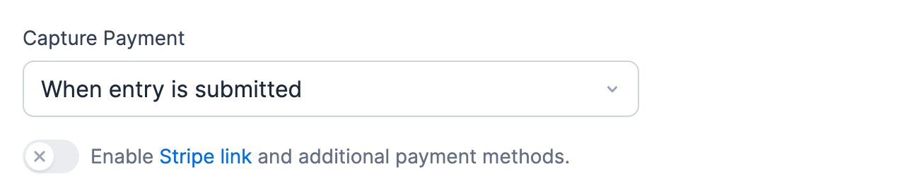 Enable Stripe link and additional payment methods toggle turned off Enable Stripe link and additional payment methods toggle turned off