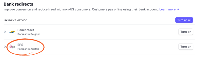 Stripe EPS Enable payment